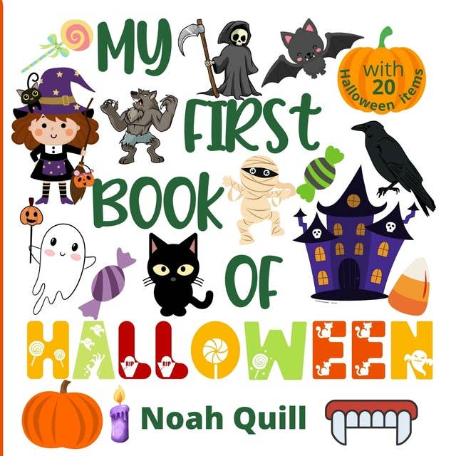 My first book of Halloween: Colorful picture book introduction to the spooky festival for kids ages 2-5. Try to guess the 20 Halloween characters and items names with illustrations and first letter hints.